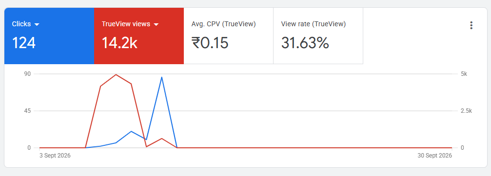 Google Ads — 14.2k views at ₹0.15 per view, 31.63% view rate