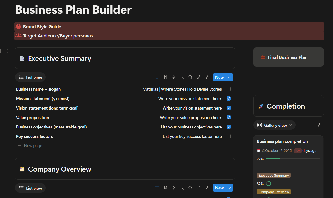 Matrikas — complete business plan built on Notion